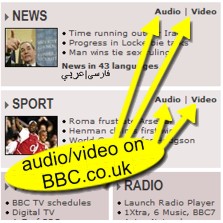 captura de tela do site da BBC exibindo links para conteúdo em audio e video